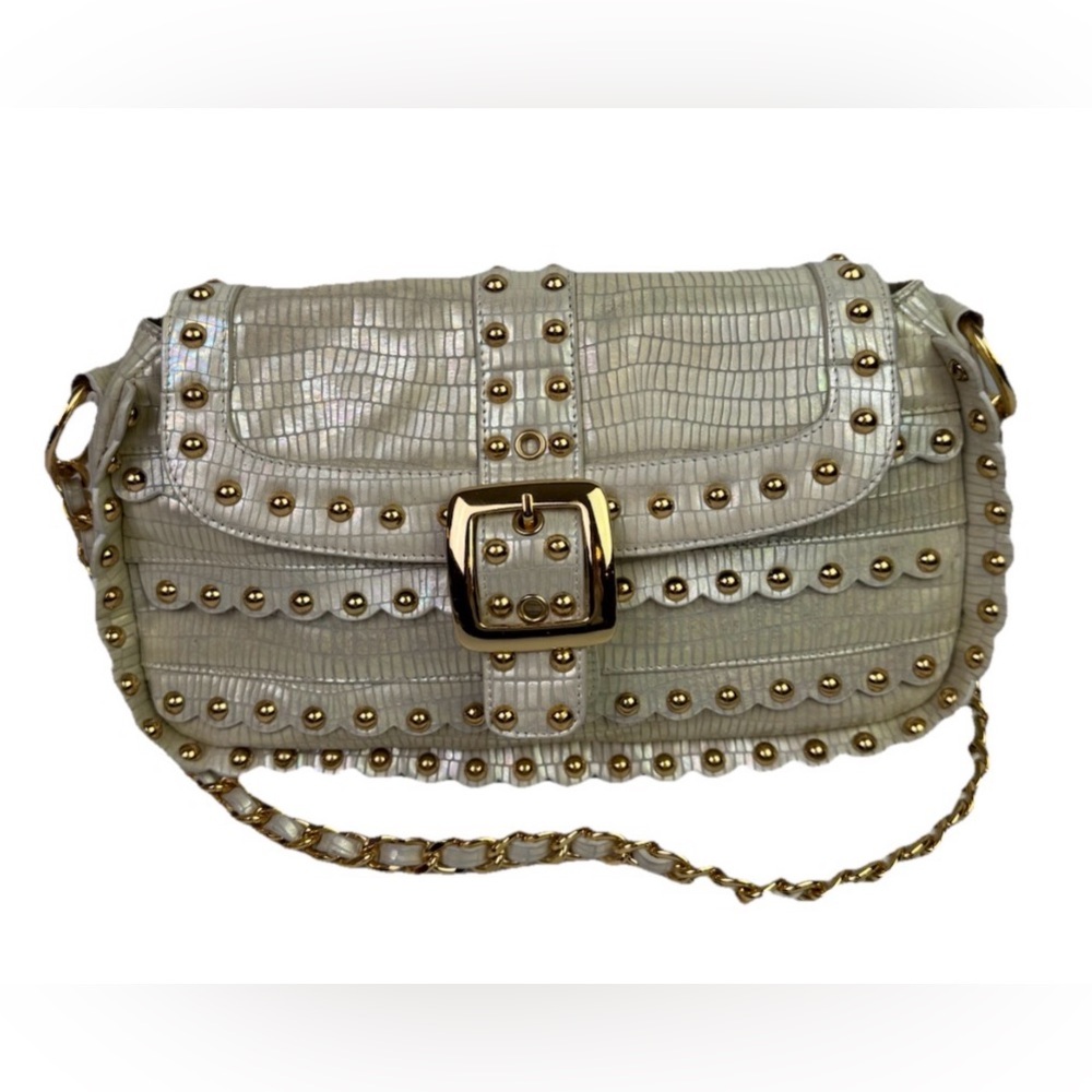 The Find Iridescent Studded Scalloped Baguette Bag Pearl Cream Gold Buckle Y2K